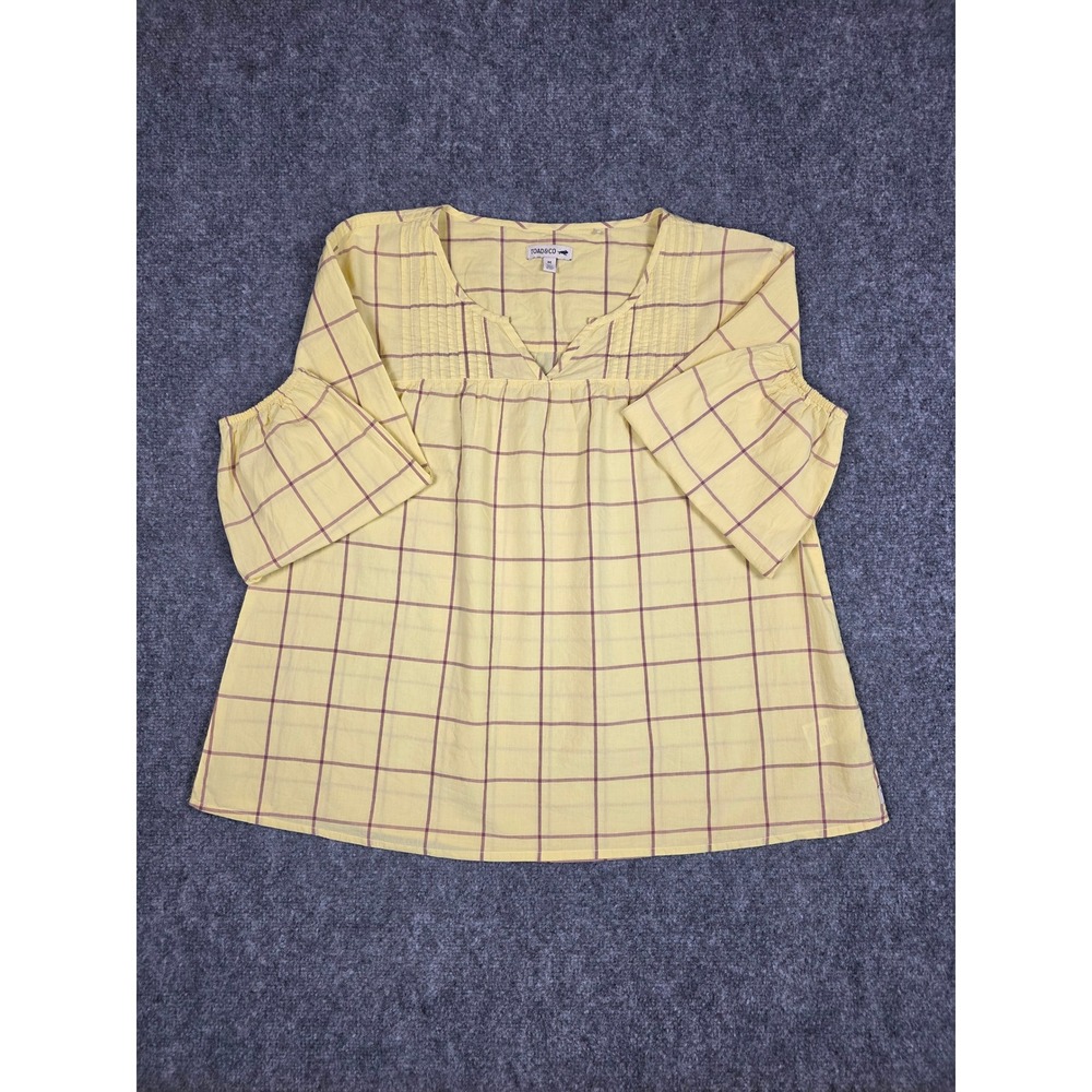 Toad&Co Willet Shirt Womens Medium Yellow Plaid Organic Cotton 3/4 Sleeve Blouse